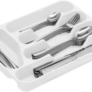 Large CUTLERY TRAY Flatware Organiser Strong Plastic Drawer Sliding Tidy Rack Holder Drawer Insert Tidy Storage, 33.5 x 26.5 x 4.5 cm - Solid Base, White