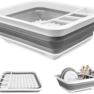 Collapsible Dish Drainer Compact Folding Portable Kitchen Sink Rack with Non-Scratch Plate Grips and Cutlery Utensil Holders Ideal for Home, Camping, Caravan and Travelling