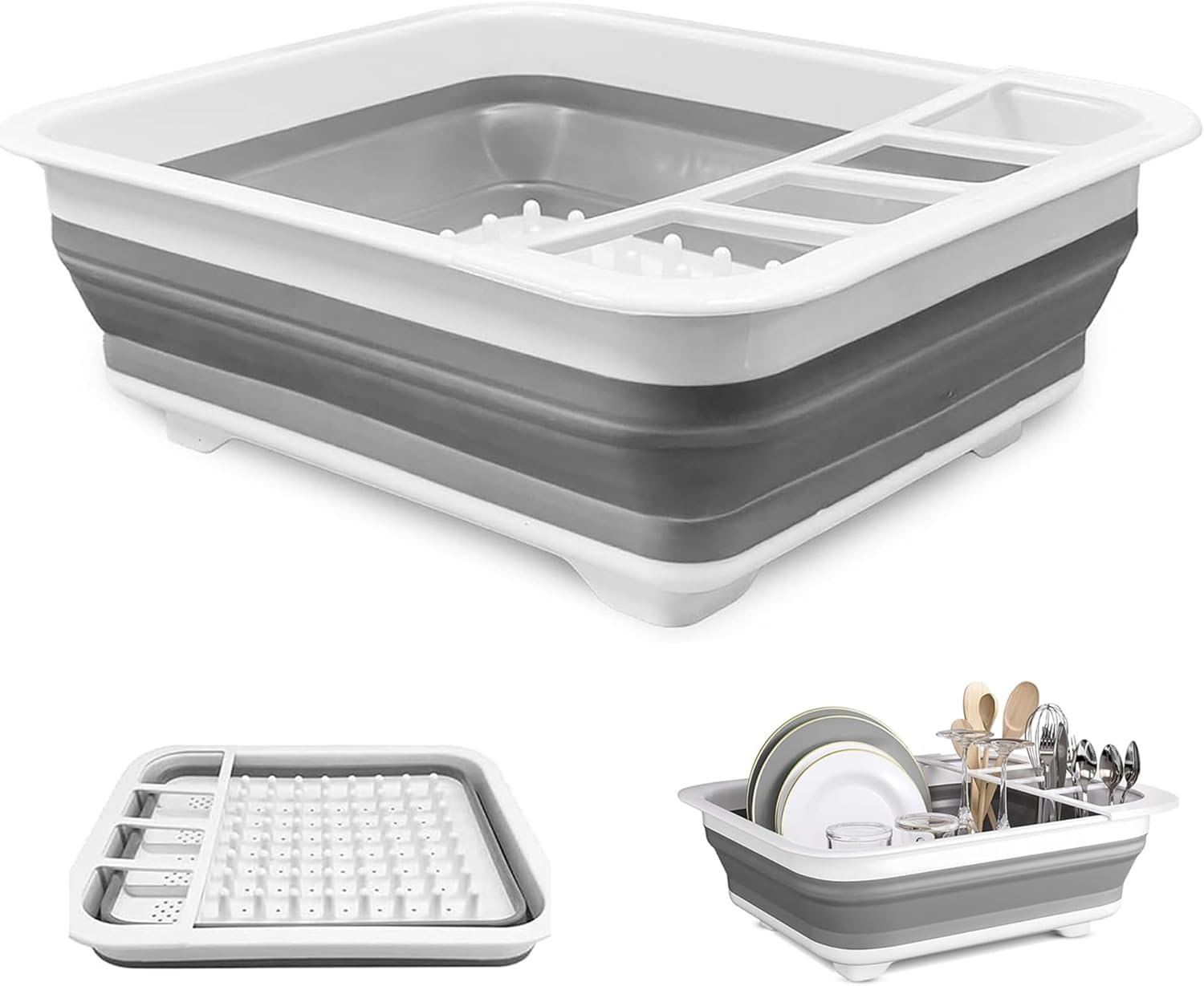 Collapsible Dish Drainer Compact Folding Portable Kitchen Sink Rack with Non-Scratch Plate Grips and Cutlery Utensil Holders Ideal for Home, Camping, Caravan and Travelling