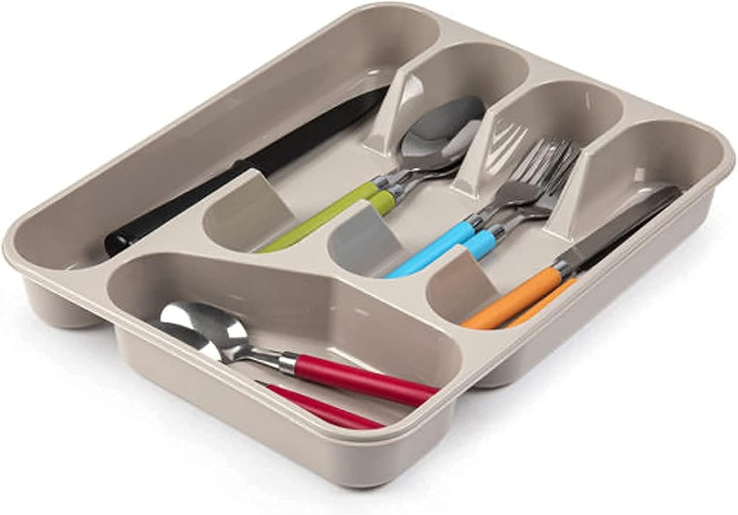 Large CUTLERY TRAY Flatware Organiser Strong Plastic Drawer Sliding Tidy Rack Holder Drawer Insert Tidy Storage, 33.5 x 26.5 x 4.5 cm - Solid Base, Taupe