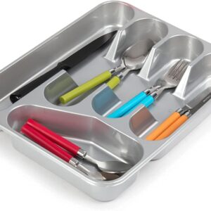 Large Cutlery Tray – Strong Plastic Flatware Drawer Organizer (Silver)