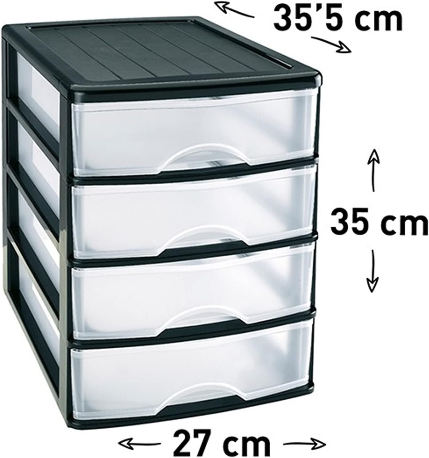 Plastic Desktop Storage Unit with Drawers, Stationary Arts Drawer Desktop Tabletop Organiser Storage Tower Unit for Office Bedroom Garage ((35.5 x 27 x 35cm, Black with 4 Clear Drawers)) - Image 2