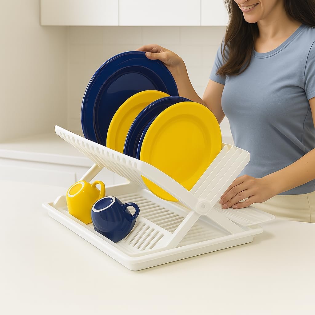 Folding Dish Drainer With Tray Dish Drainer With Drip Tray Cutlery Holder Folding Dish Drainer and Plate Drying Rack With Cutlery Holder (White) - Image 2