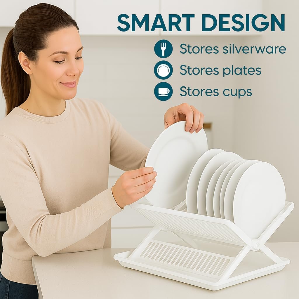 Folding Dish Drainer With Tray Dish Drainer With Drip Tray Cutlery Holder Folding Dish Drainer and Plate Drying Rack With Cutlery Holder (White) - Image 4