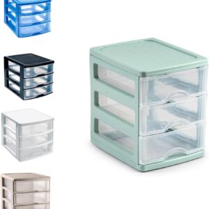 Plastic Desktop Storage Unit with Drawers, Stationary Arts Drawer Desktop Tabletop Organiser Storage Tower Unit for Office Bedroom Garage ((17 x 13.5 x 17cm, Mint Green with 3 Clear Drawers))