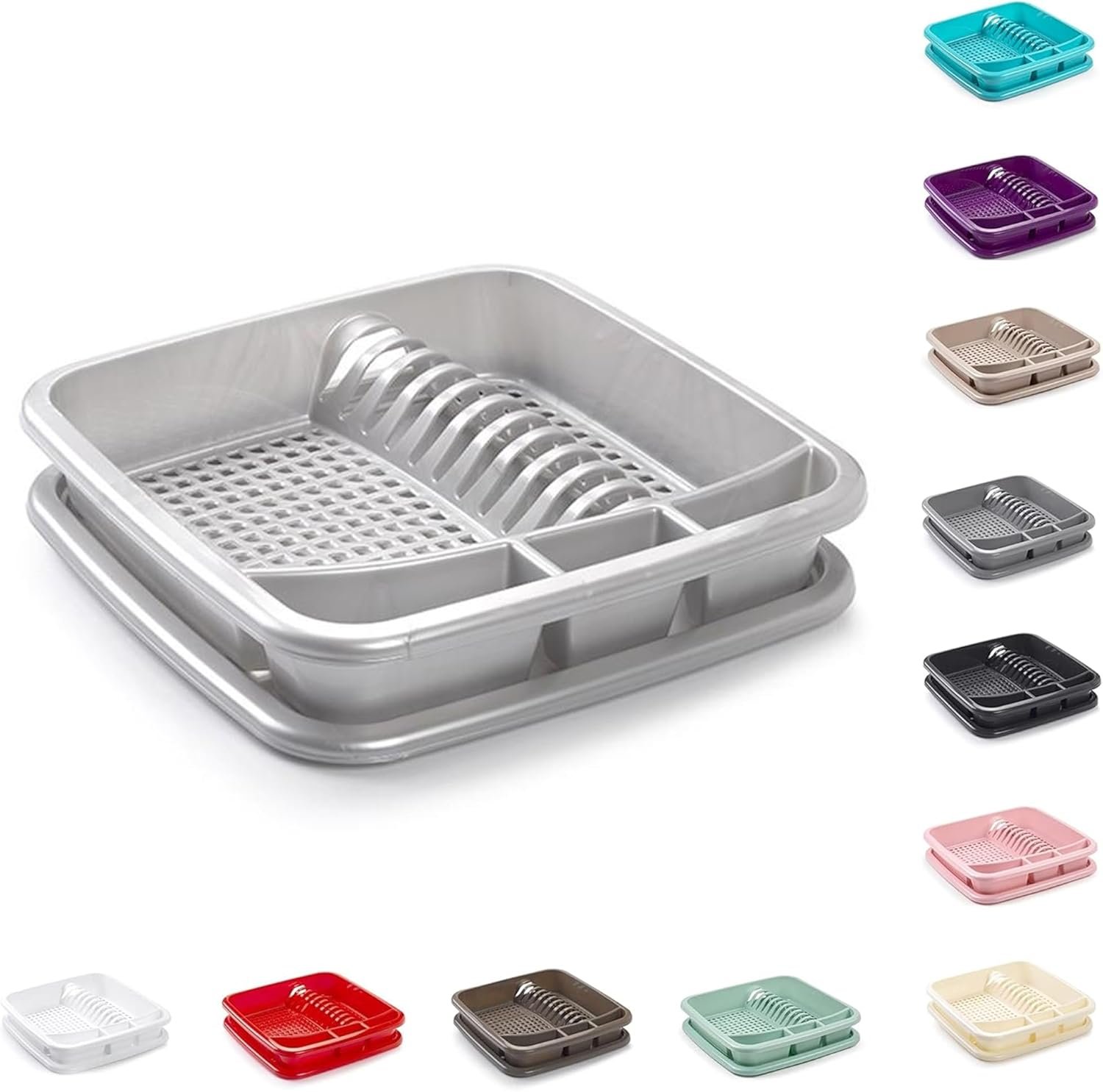 Plastic Dish Drainer Plate Cutlery Rack Kitchen Sink Utensil Rust-Proof Kitchen Draining Cup Holder Cutlery Rack Cutlery and Utensils Holder (39 x 39 x 7.5cm) (Silver)