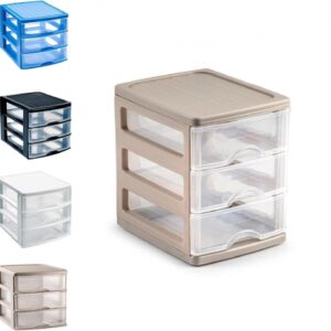 Plastic Desktop Storage Unit with Drawers, Stationary Arts Drawer Desktop Tabletop Organiser Storage Tower Unit for Office Bedroom Garage ((17 x 13.5 x 17cm, Taupe with 3 Clear Drawers))