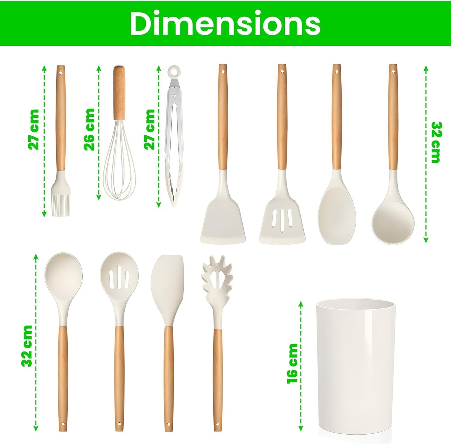 Wooden Bamboo Kitchen Utensil Spatula Set Tool Holder Cooking Salad Spoon Turner, 100% Eco-Friendly Natural Bamboo and Food Safe (Set of 12 - White) - Image 2