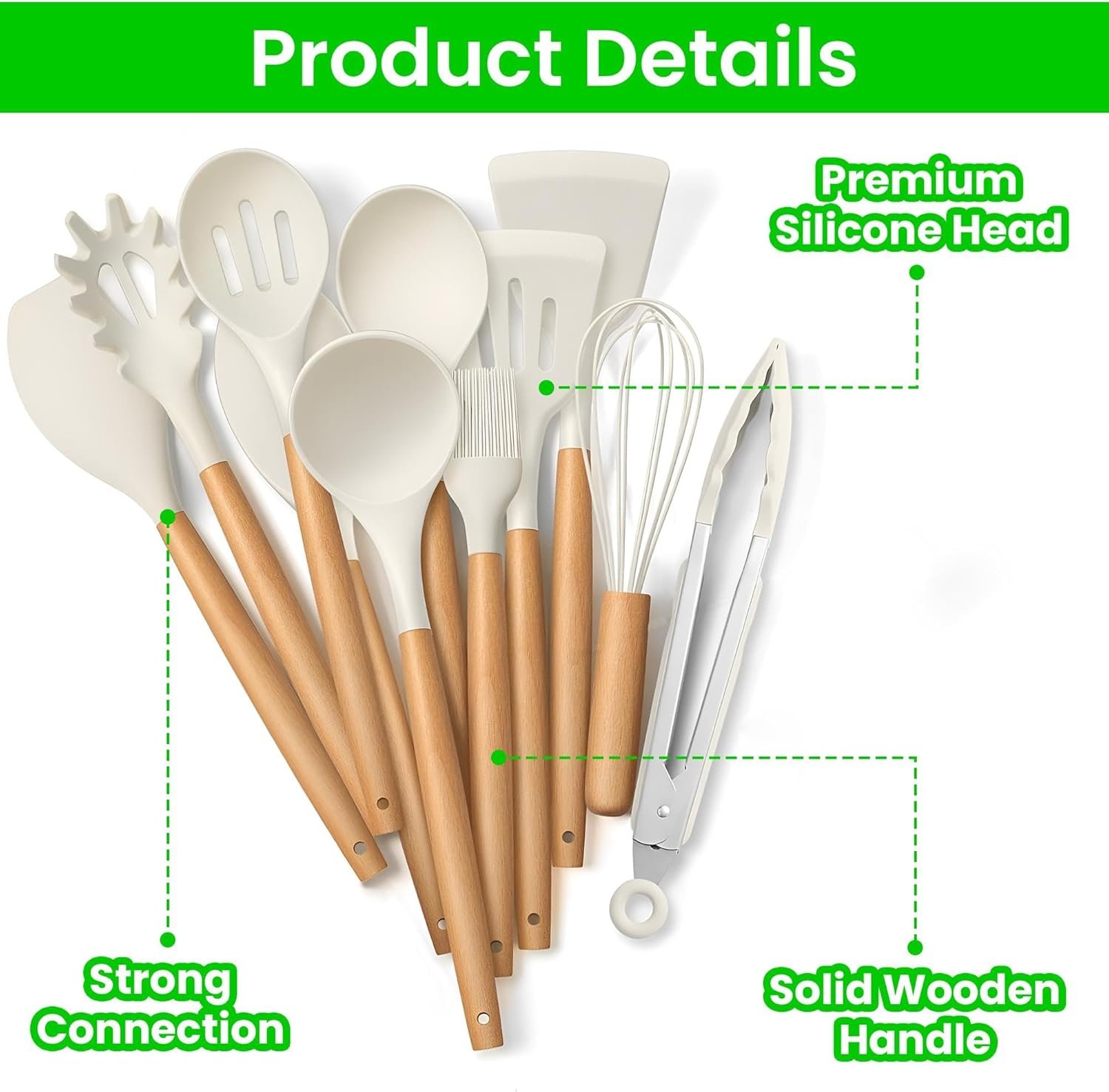 Wooden Bamboo Kitchen Utensil Spatula Set Tool Holder Cooking Salad Spoon Turner, 100% Eco-Friendly Natural Bamboo and Food Safe (Set of 12 - White) - Image 3