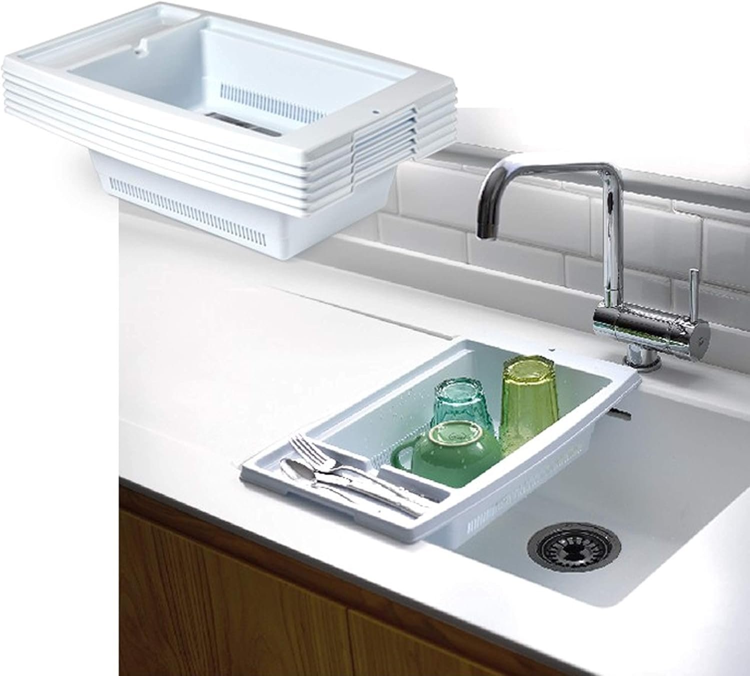 Dish Sink Drainer, Dish Drying Rack Over Sink, Dish Rack in Sink or On Counter, Sink Rack Drainer for Kitchen Draining Broad in Sink, (White)