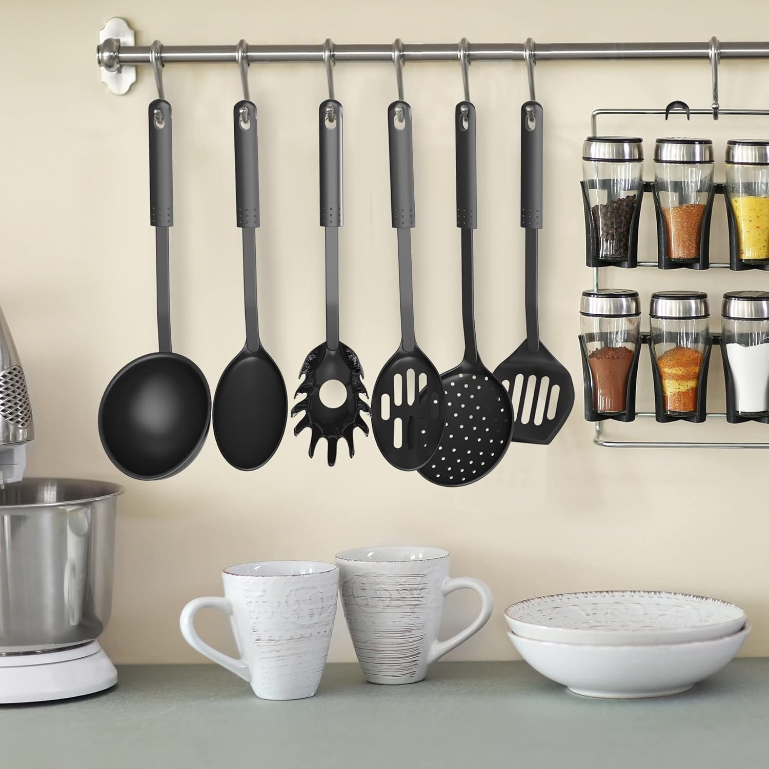 Kitchen Utensil Spatula Set Tool Holder Cooking Salad Spoon Turner, 100% Eco-Friendly Natural and Food Safe Silicone Kitchen Utensils (6Pc/Silicone Set- Black) - Image 4