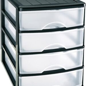 Plastic Desktop Storage Unit with Drawers, Stationary Arts Drawer Desktop Tabletop Organiser Storage Tower Unit for Office Bedroom Garage ((35.5 x 27 x 35cm, Black with 4 Clear Drawers))