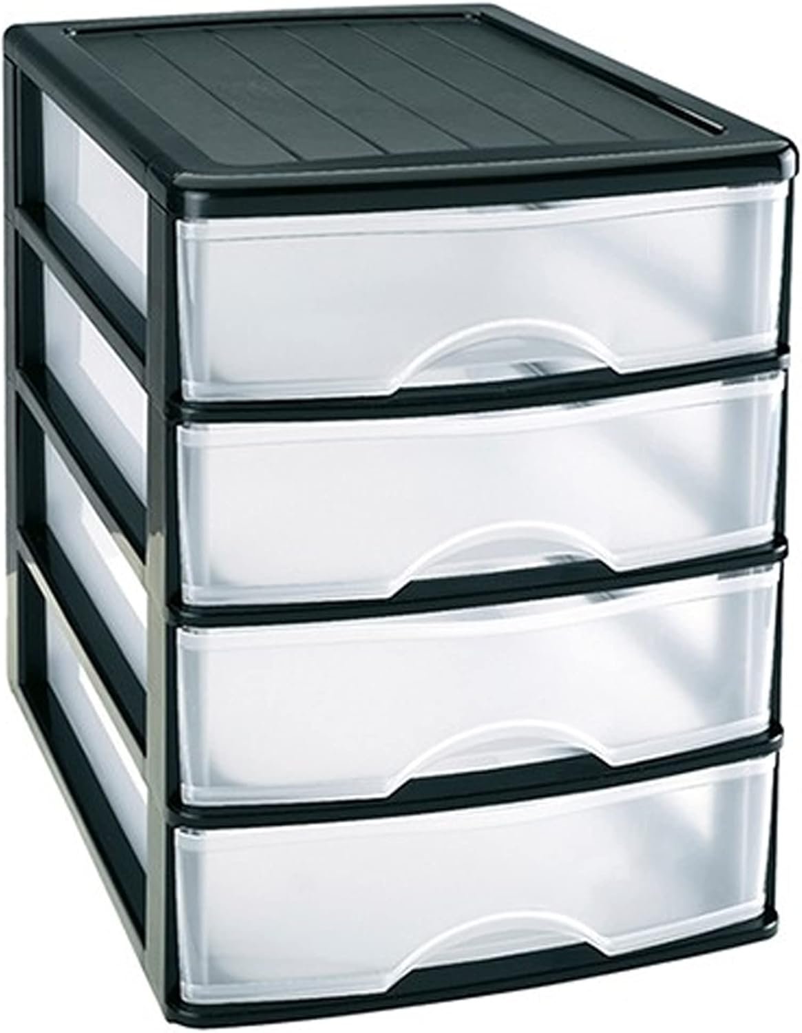 Plastic Desktop Storage Unit with Drawers, Stationary Arts Drawer Desktop Tabletop Organiser Storage Tower Unit for Office Bedroom Garage ((35.5 x 27 x 35cm, Black with 4 Clear Drawers))