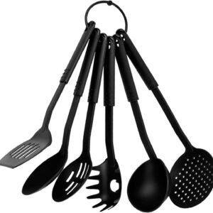 Kitchen Utensil Spatula Set Tool Holder Cooking Salad Spoon Turner, 100% Eco-Friendly Natural and Food Safe Silicone Kitchen Utensils (6Pc/Silicone Set- Black)