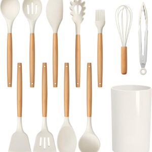 Wooden Bamboo Kitchen Utensil Spatula Set Tool Holder Cooking Salad Spoon Turner, 100% Eco-Friendly Natural Bamboo and Food Safe (Set of 12 - White)
