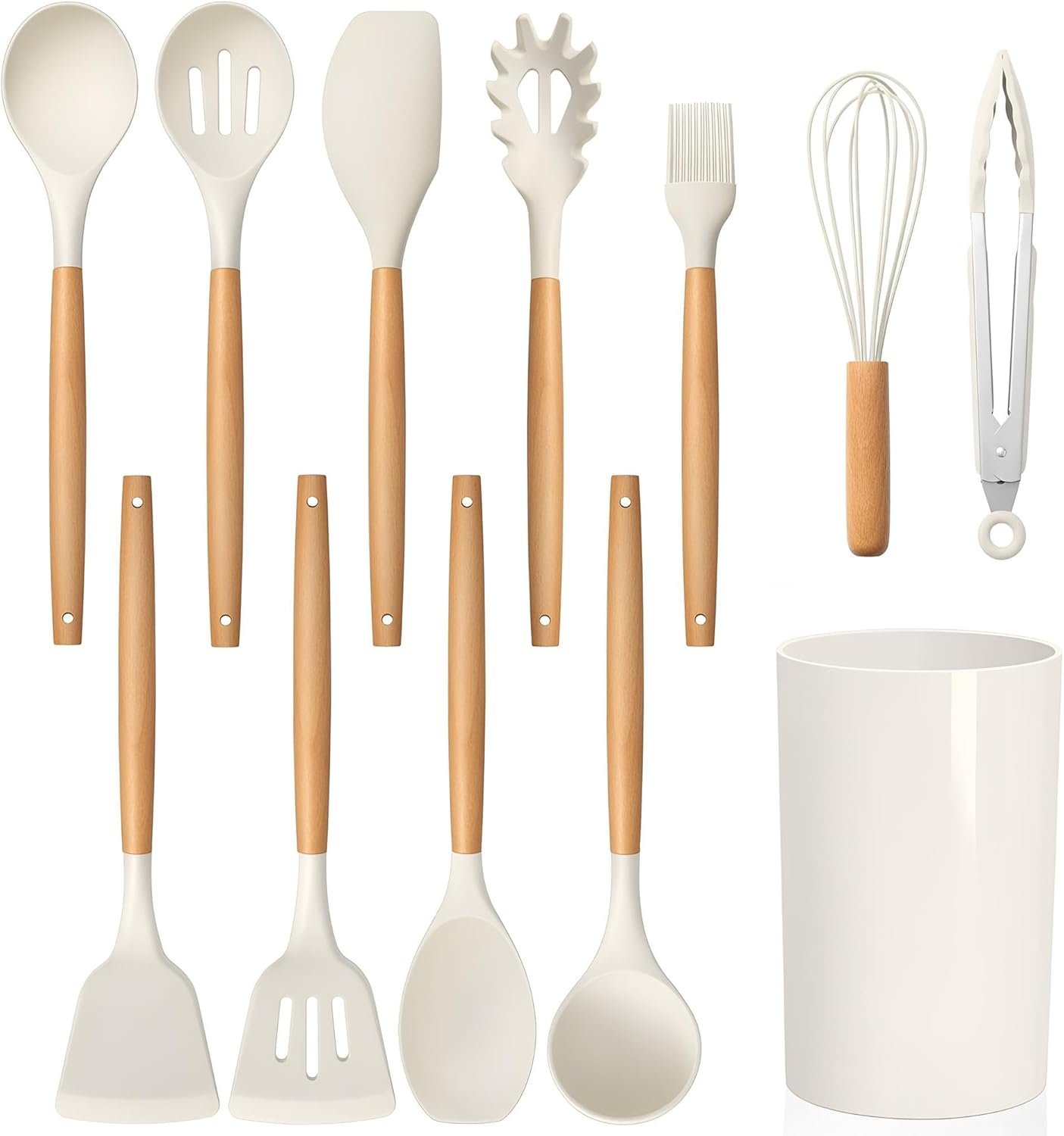 Wooden Bamboo Kitchen Utensil Spatula Set Tool Holder Cooking Salad Spoon Turner, 100% Eco-Friendly Natural Bamboo and Food Safe (Set of 12 - White)