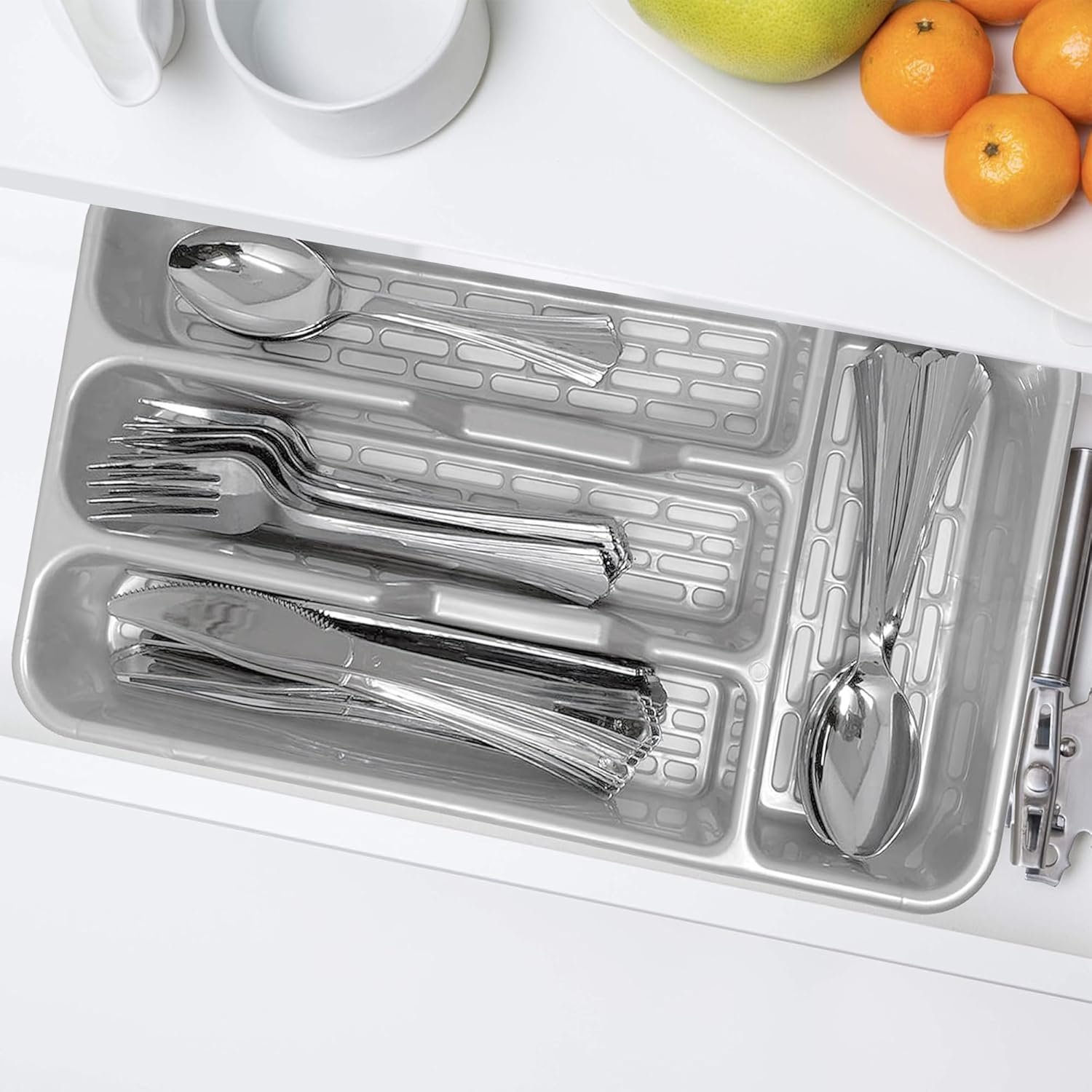 Small Tier Cutlery Tray Classic in Silver | BPA Free Plastic Drawer Organizer with 4 Compartments | Durable Kitchen Storage for Spoons Forks Knives Kids Cutlery | Space Saving Design - Image 2