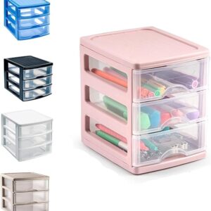 Plastic Desktop Storage Unit with Drawers, Stationary Arts Drawer Desktop Tabletop Organiser Storage Tower Unit for Office Bedroom Garage ((17 x 13.5 x 17cm, Pink with 3 Clear Drawers))