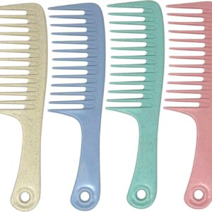 Pack of 4 Wide Tooth Hair Comb Set, Detangling Comb with Handle Hole for Easy Hanging, Durable Plastic Combs for Men and Women, Pastel Colors for Smooth, Frizz-Free Styling