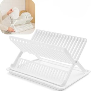 Folding Dish Drainer With Tray Dish Drainer With Drip Tray Cutlery Holder Folding Dish Drainer and Plate Drying Rack With Cutlery Holder (White)