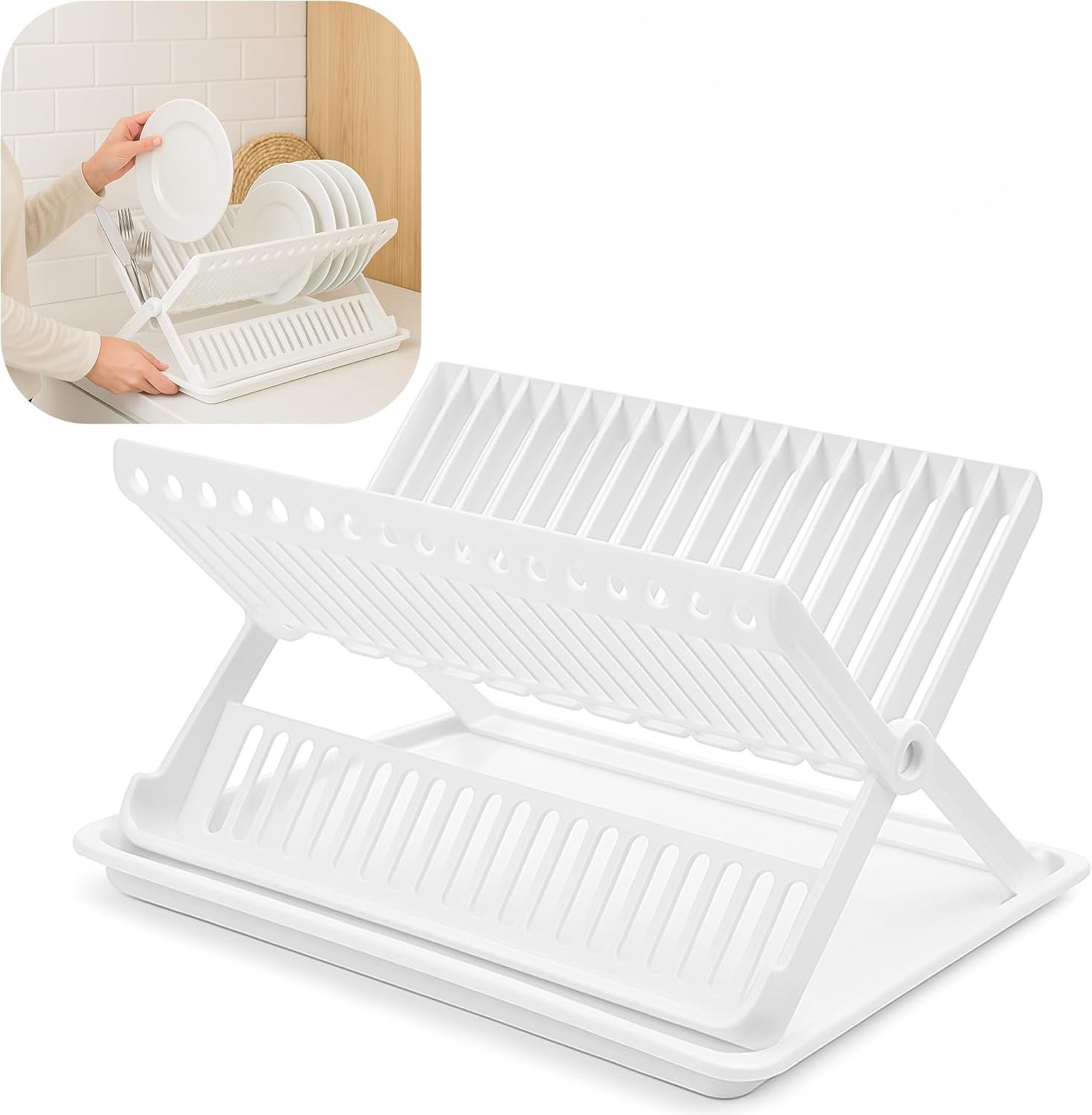 Folding Dish Drainer With Tray Dish Drainer With Drip Tray Cutlery Holder Folding Dish Drainer and Plate Drying Rack With Cutlery Holder (White)