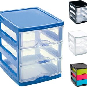 Plastic Desktop Storage Unit with Drawers, Stationary Arts Drawer Desktop Tabletop Organiser Storage Tower Unit for Office Bedroom Garage ((17 x 13.5 x 17cm, Blue with 3 Clear Drawers))