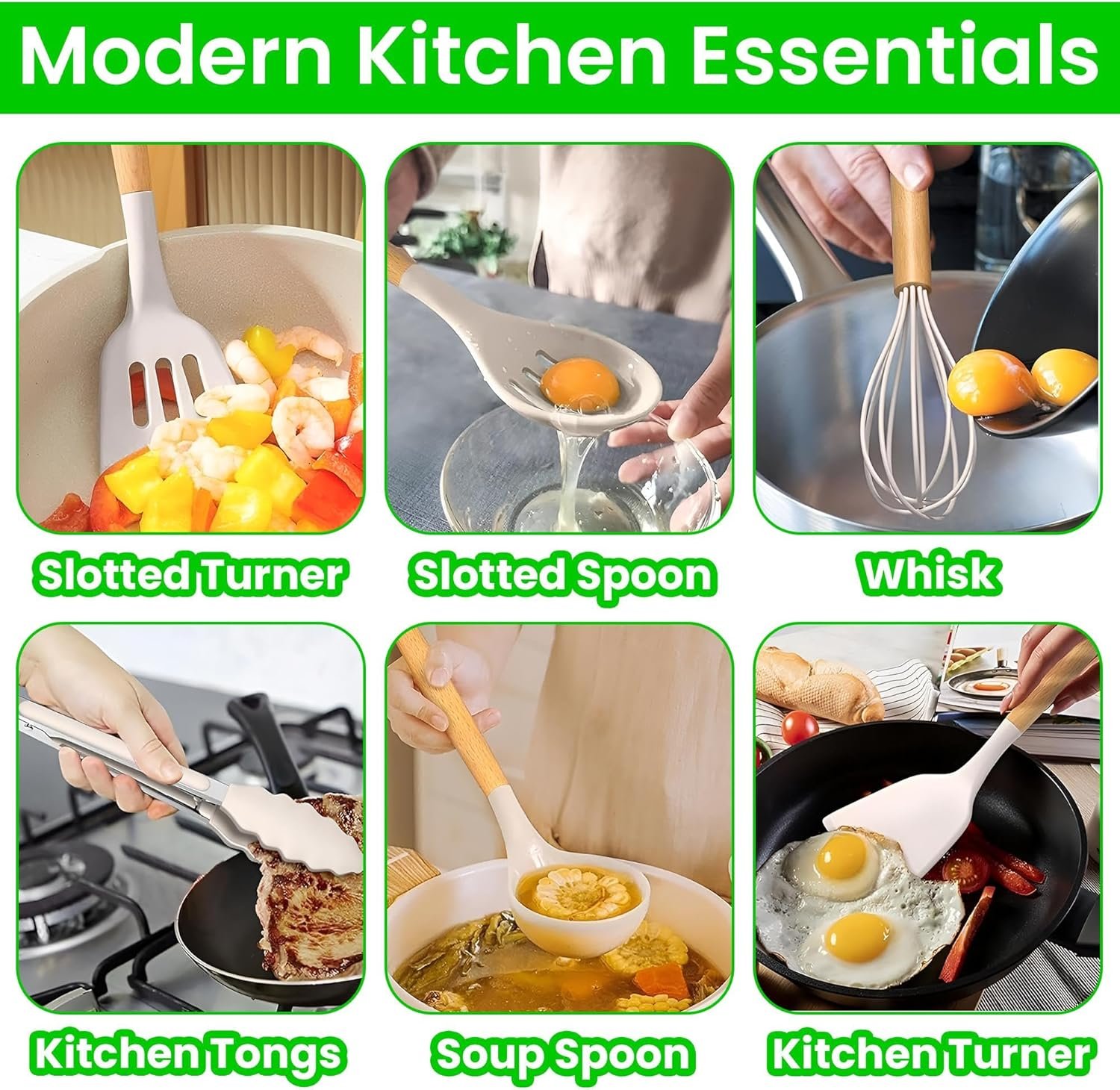 Wooden Bamboo Kitchen Utensil Spatula Set Tool Holder Cooking Salad Spoon Turner, 100% Eco-Friendly Natural Bamboo and Food Safe (Set of 12 - White) - Image 4