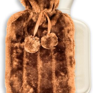 Luxury 2 Litre Hot Water Bottle with Brown Faux Fur Cover – Soft Touch Plush Warm Bottle for Winter Warmth, Comfort & Muscle Relief