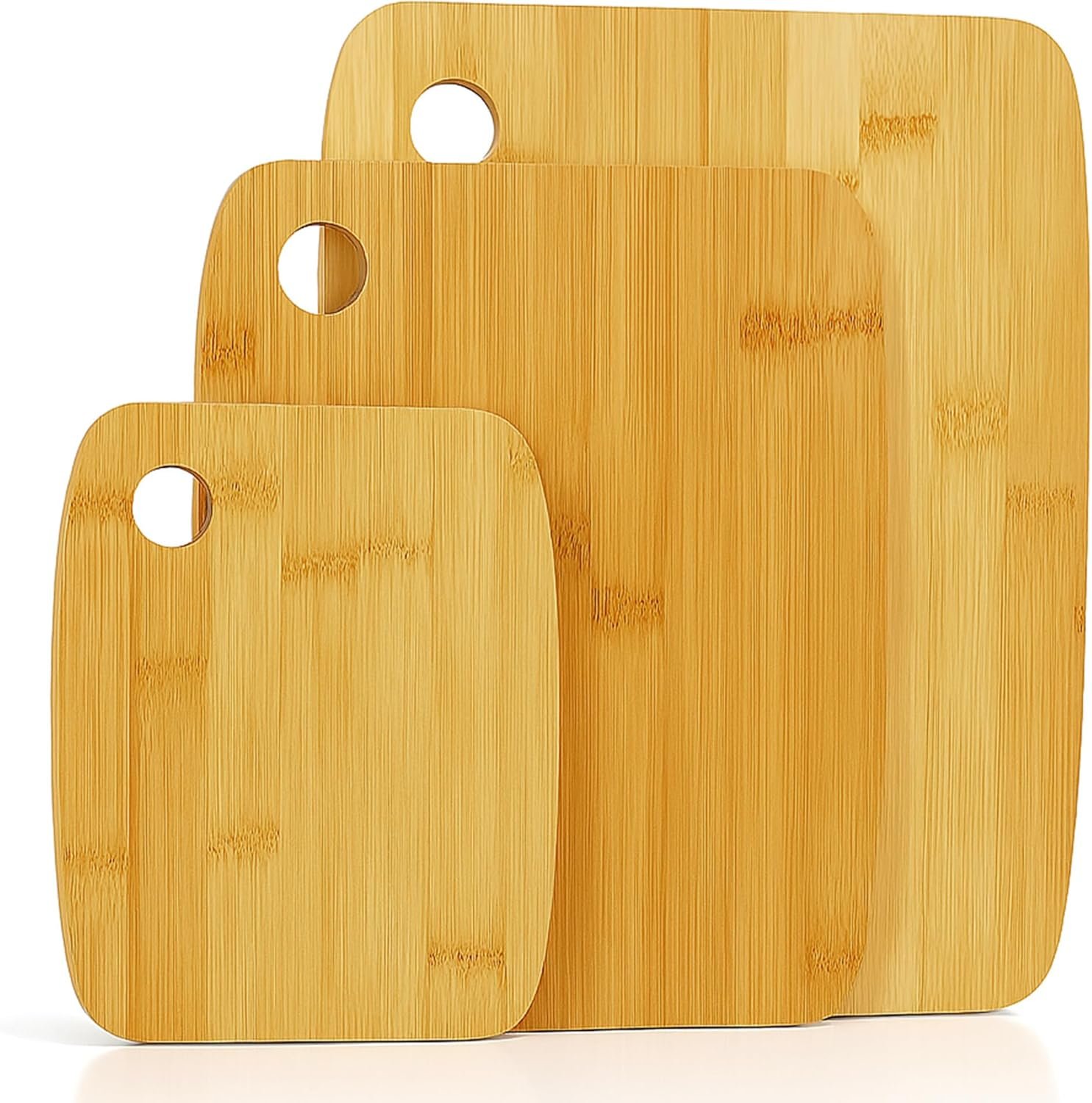 Set of 3 Natural Bamboo Chopping Cutting Slicing Board Set Wooden Serving Platter for Kitchen, Meat & Veggie Prep, Serve Bread, Food Crackers & Cheese (S,M,L)