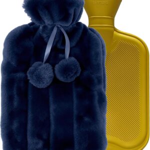 Stylish 2 Litre Hot Water Bottle with Dark Blue Faux Fur Cover – Luxury Plush Heat Bottle for Cold Nights & Body Pain Relief