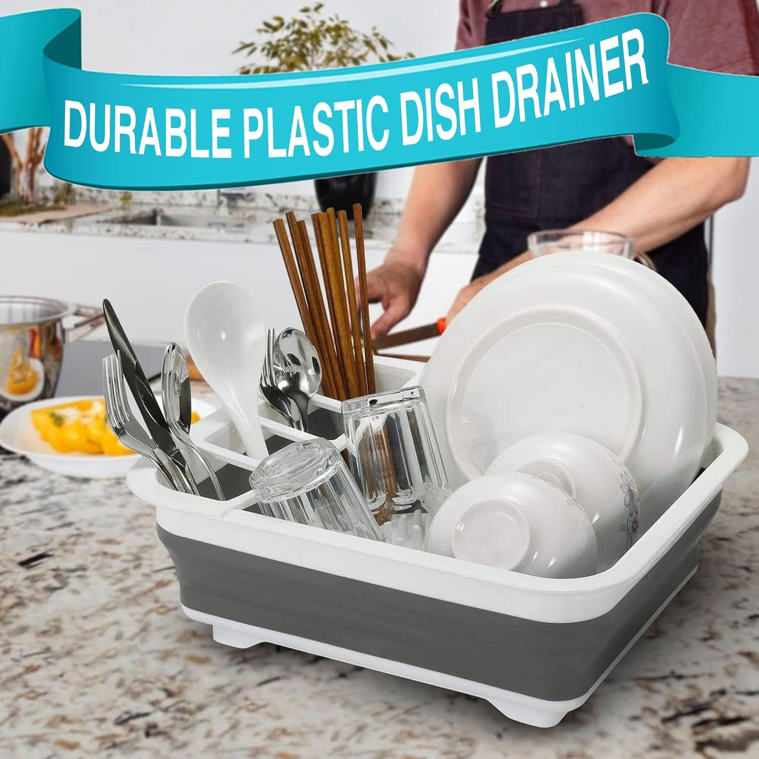 Collapsible Dish Drainer Compact Folding Portable Kitchen Sink Rack with Non-Scratch Plate Grips and Cutlery Utensil Holders Ideal for Home, Camping, Caravan and Travelling - Image 2