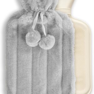 Elegant 2 Litre Hot Water Bottle with Light Grey Faux Fur Cover – Ultra-Soft Plush Design for Cozy Warmth, Pain Relief & Winter Use