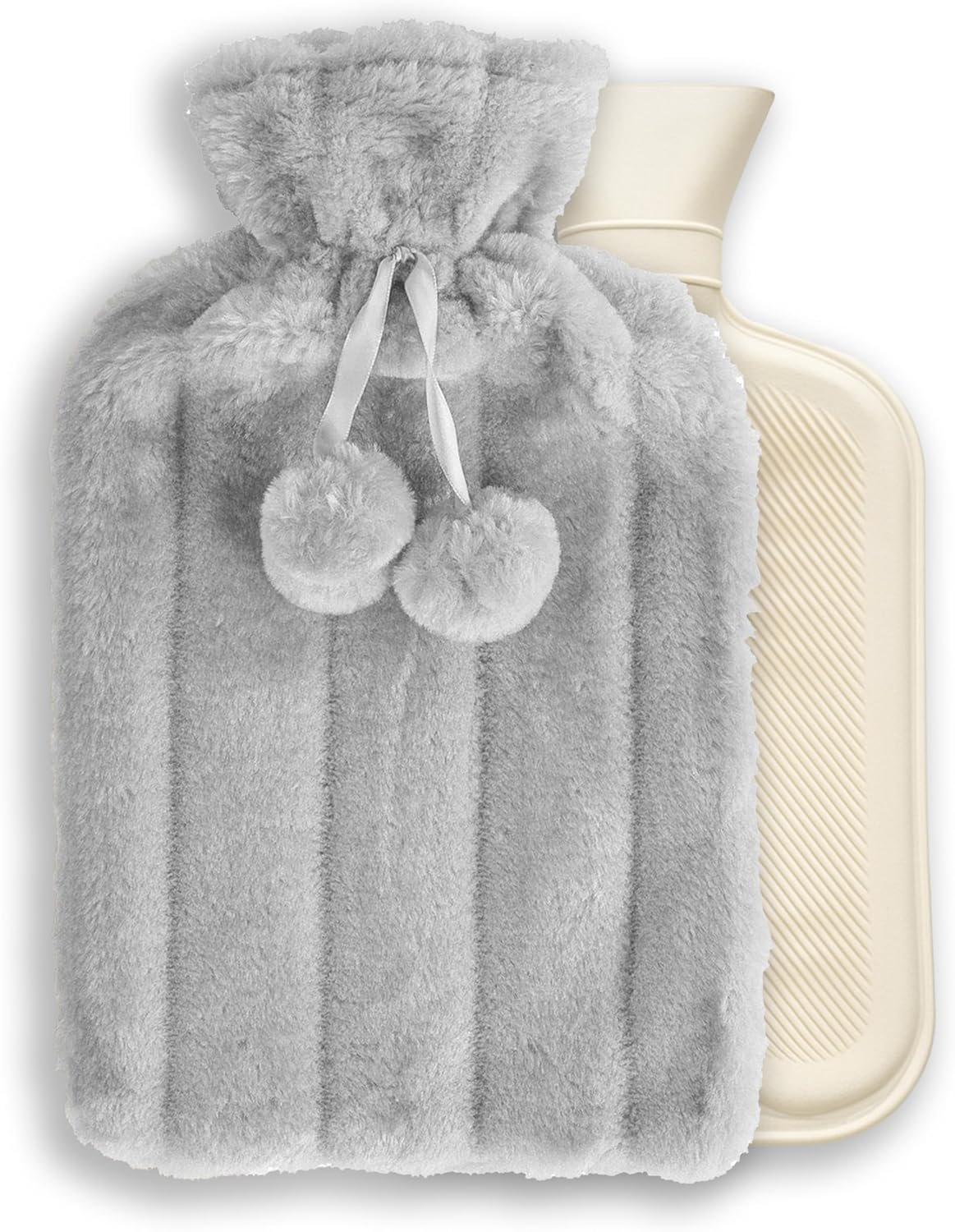 Elegant 2 Litre Hot Water Bottle with Light Grey Faux Fur Cover – Ultra-Soft Plush Design for Cozy Warmth, Pain Relief & Winter Use