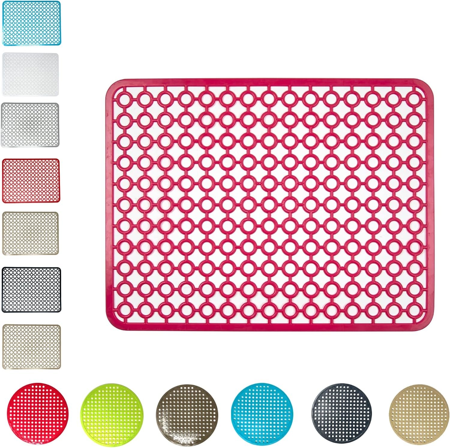 Flat Plastic Draining Mat For Washing Up Dish Tray Dryer Kitchen Sink Drainer Non Slip Compact Mat, Kitchen Counter-top for Glass, Cup, Plate, Dishes (Fuchsia - Rectangular Mat)