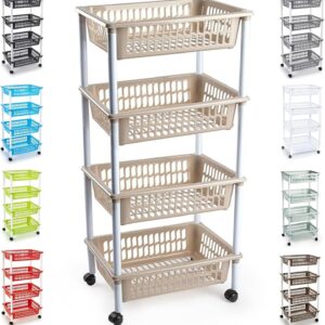 Plastic Storage Trolley Unit with Wheels Utility Kitchen Cart Vegetable Rack Fruit Basket Corner Shelf for Kitchen Bedroom Bathroom Living Room Office (4 - Tier - Taupe)