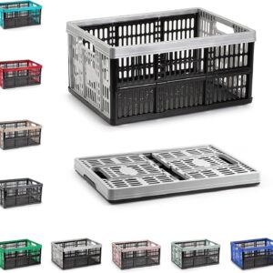 Multi-Purpose Strong Folding Collapsible Plastic Storage Boxes Crates Portable Stackable Container Basket for Home Office Garage Tools, Soft-Touch Handles (Black & Silver - 32L)