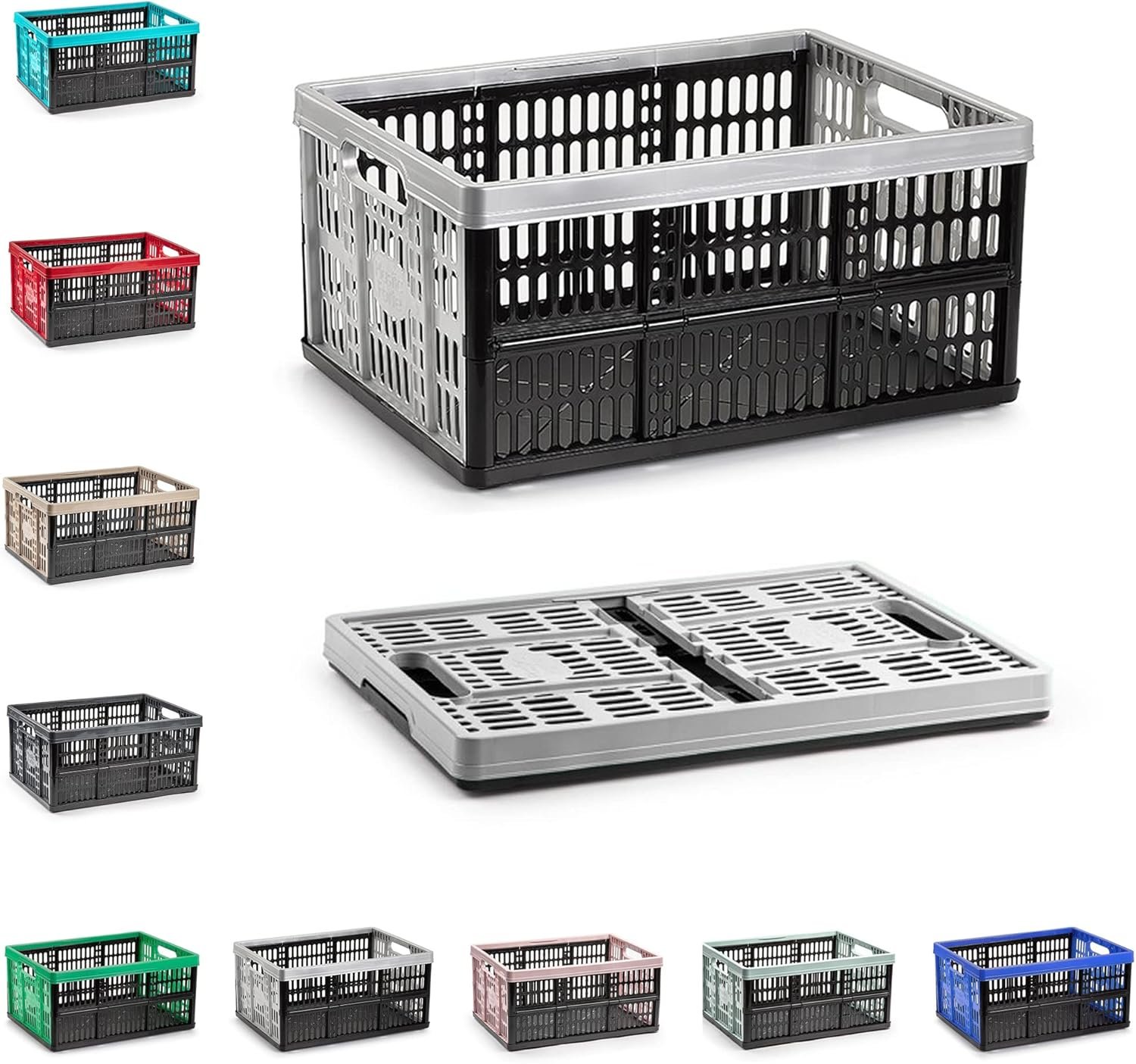 Multi-Purpose Strong Folding Collapsible Plastic Storage Boxes Crates Portable Stackable Container Basket for Home Office Garage Tools, Soft-Touch Handles (Black & Silver - 32L)
